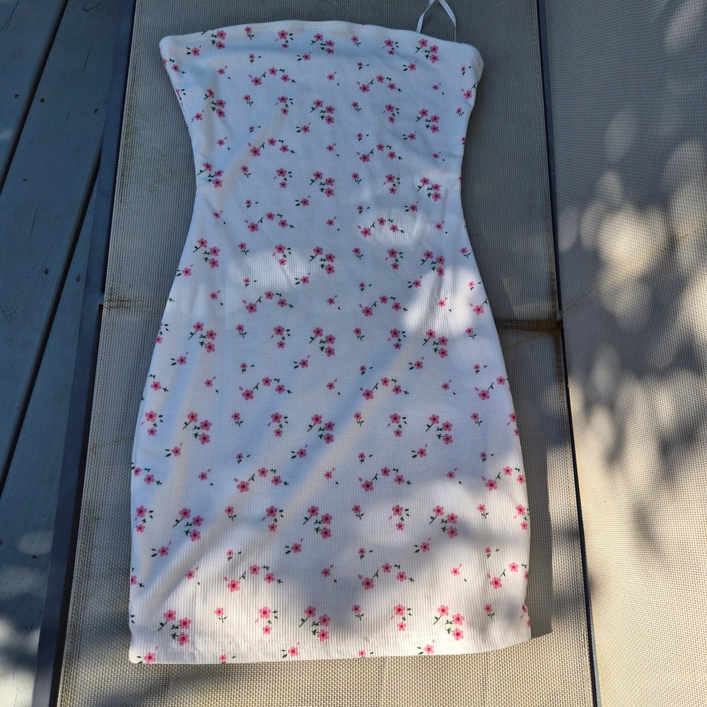 White Pink Ditsy Floral Ribbed Strapless Tube Bodycon Mini Dress XS Coquette Y2K